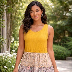 ✨ Umgee Tiered Boho Mini Dress | Mustard Multi Print | Size L ✨NWT